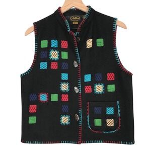 VTG ALLURE Wool Blend Embroidered Crochet Inset Vest Sz M Black Boho Colorful